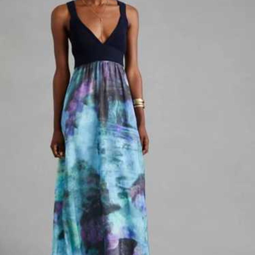 Anthro Twofer Maxi Dress Blue Tie Dye Knit Top Boho Flowy Cross Back Size L NWOT